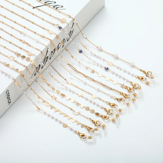 Corrente pérola cor de ouro corrente para óculos de sol moda feminina lua estrela mau olho colar cordão segurar óculos cintas acessórios