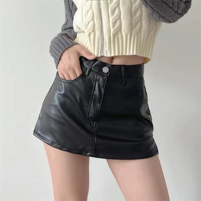 Saia curta feminina de couro vintage harajuku streetwear feminino preto sexy split magro cintura alta a linha mini saias