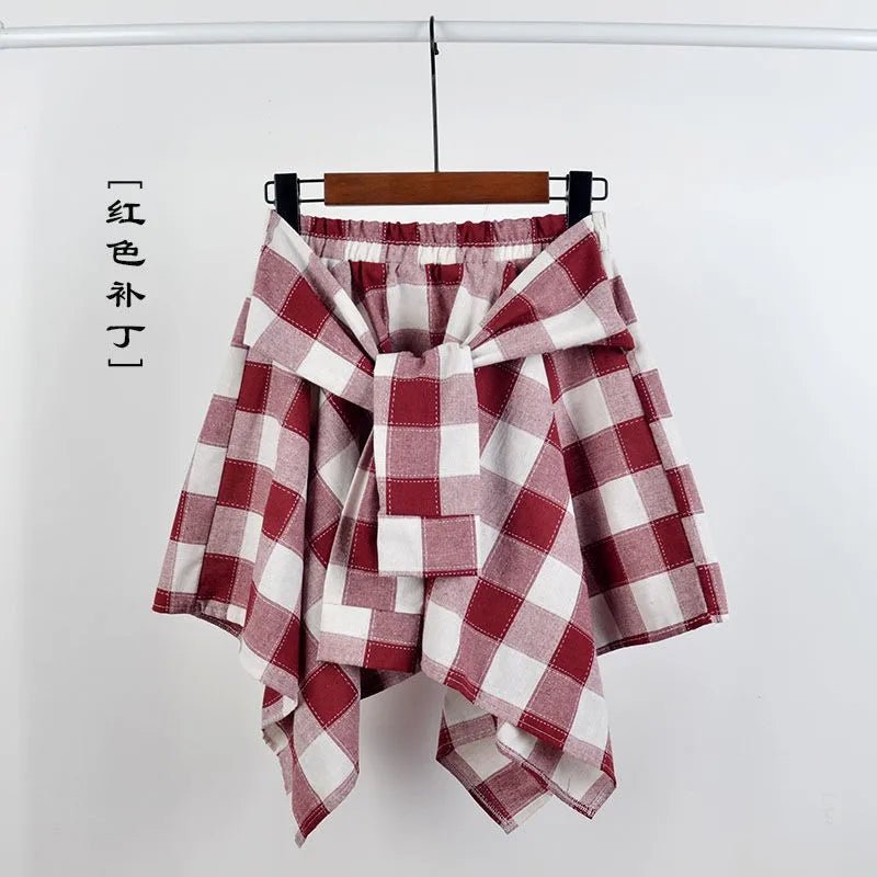 Saia feminina arco-nó cintura elástica camisa estilo azul branco treliça mini a linha shortskirt feminino