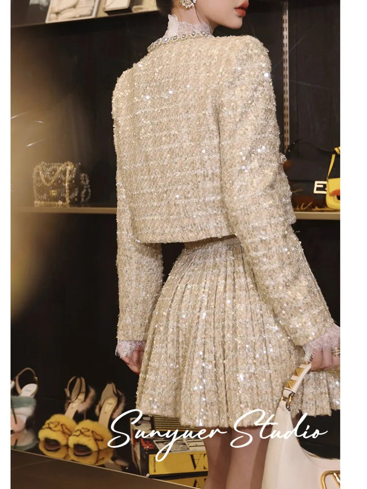 Conjunto de duas peças para as mulheres outono inverno conjuntos femininos elegantes moda jaqueta casaco + saia 2 peça conjuntos curtos roupa