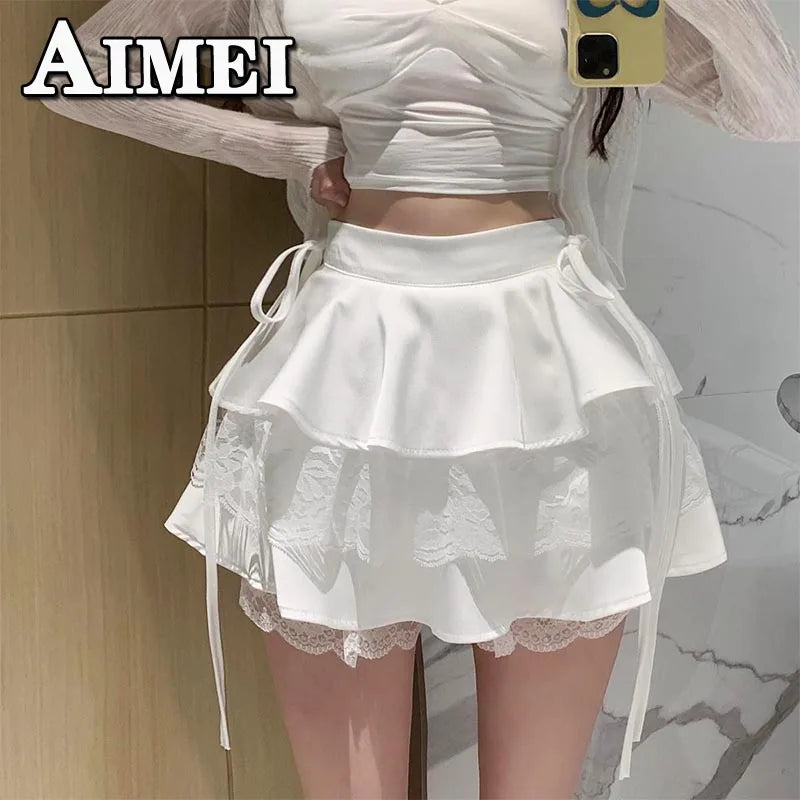 Mini saia renda retalhos bonito cintura alta sexy a linha saias curtas