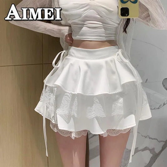 Mini saia renda retalhos bonito cintura alta sexy a linha saias curtas